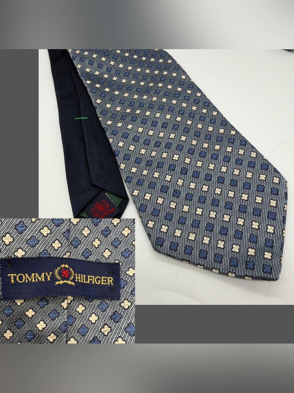 Vintage Tommy Hilfiger Navy and Cream Geometric Silk Tie